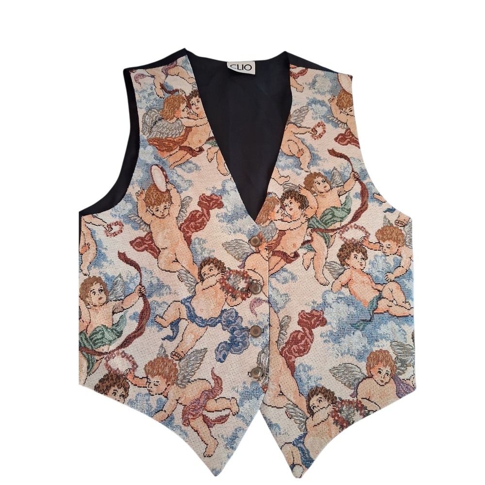 Vintage Clio Angelic Cherubs Women's size Medium Tapestry Vest Casual Guardian